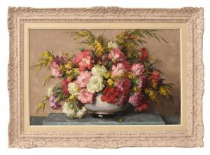 ANTIQUE PAINTINGS, ART DECO, STILL LIFE WITH CARNATIONS AND MIMOSA FLOWERS, OIL ON CANVAS, 20TH CENTURY. (QF735)